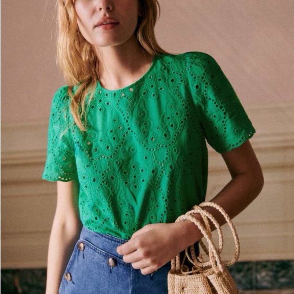 Sezane Green Eyelet Short-Sleeve Top